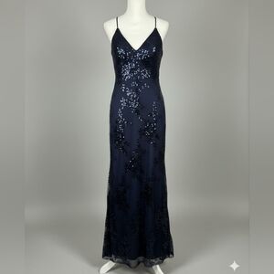 Elegant Navy Sequin Spaghetti Strap Evening Dress